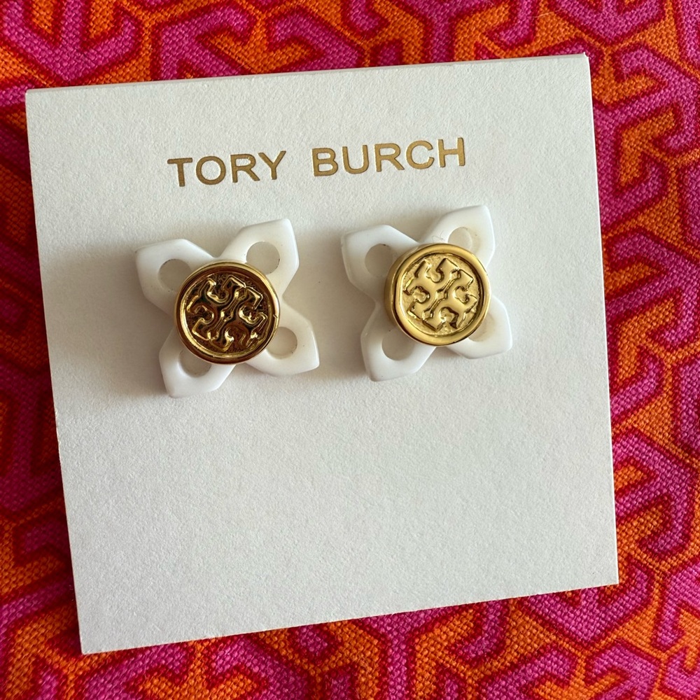 Tory Burch Gold and White Stud Earrings